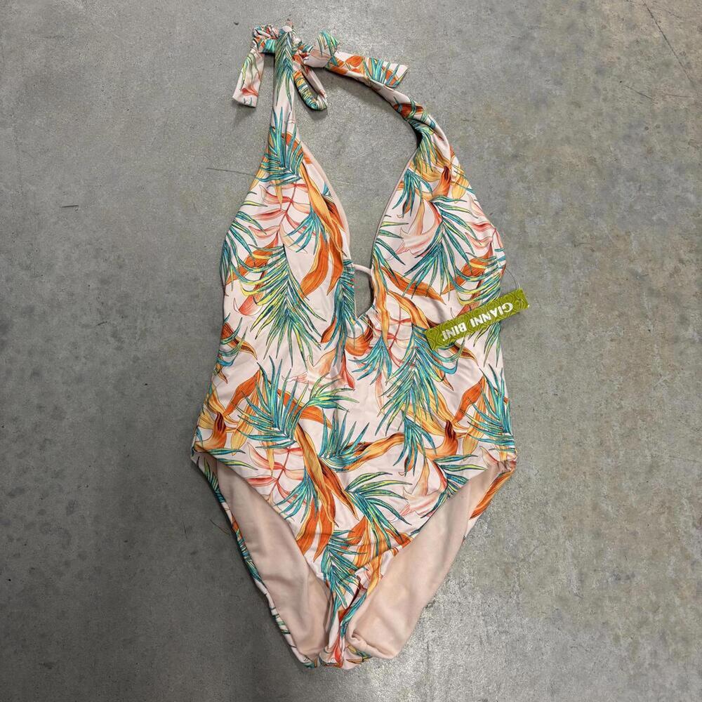 NWT Gianni Bini Pastel Pink Tropical Print Halter Top One Piece Swim Suit Beach